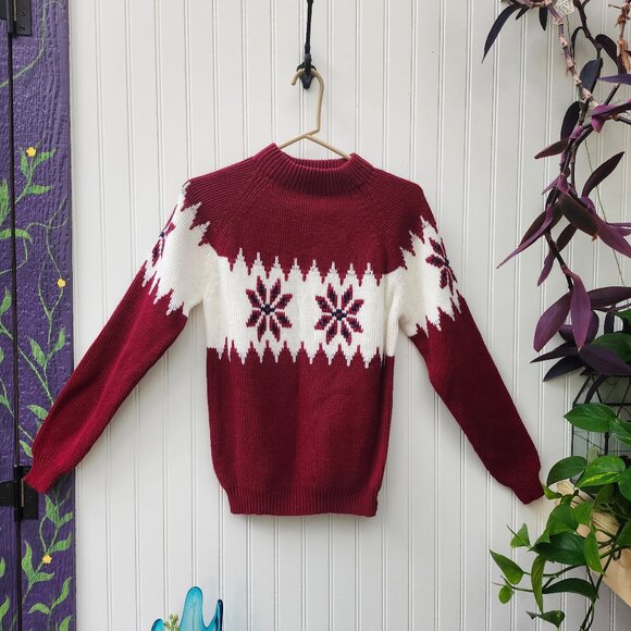 Vintage1970's Maroon & White Snowflake Pattern Ski Sweater by JC Penney - Picture 1 of 15